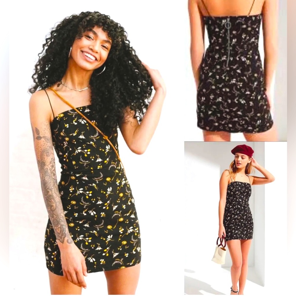 Urban Outfitters - Black Floral Colette Strappy Mini Dress with Zipper - Size 6